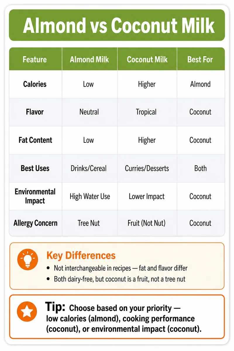 Infographic comparing almond milk vs coconut milk: calories, flavor, uses, environment, and allergy differences with a selection tip.