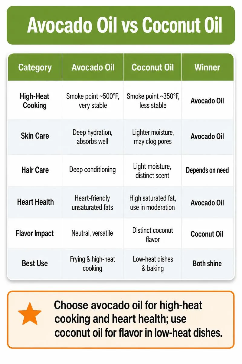 Avocado Oil vs Coconut Oil comparison infographic covering cooking, skin, hair, and heart health with a tip box.