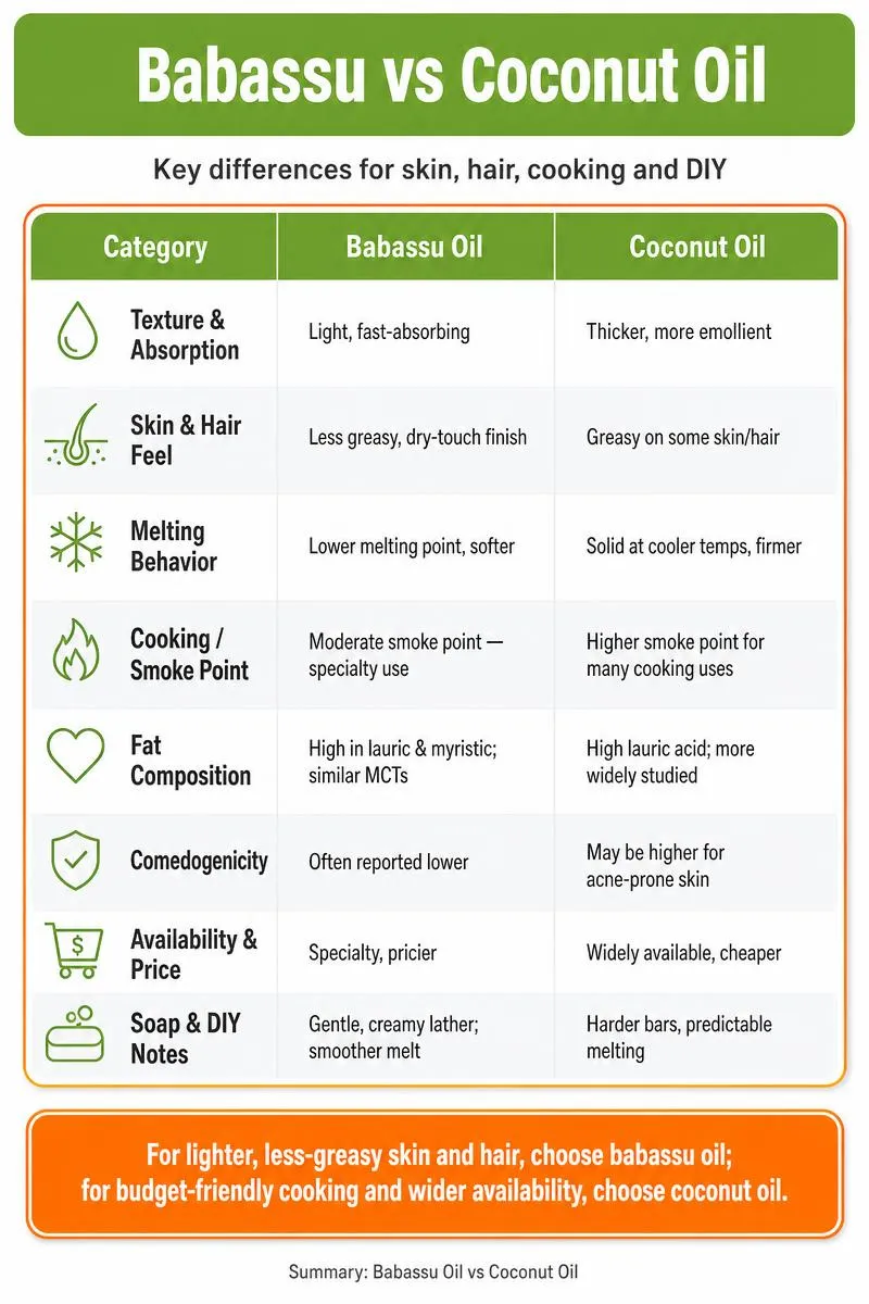 Clean infographic comparing babassu vs coconut oil: table of texture, uses, nutrition, cooking, soapmaking; tip box at bottom.