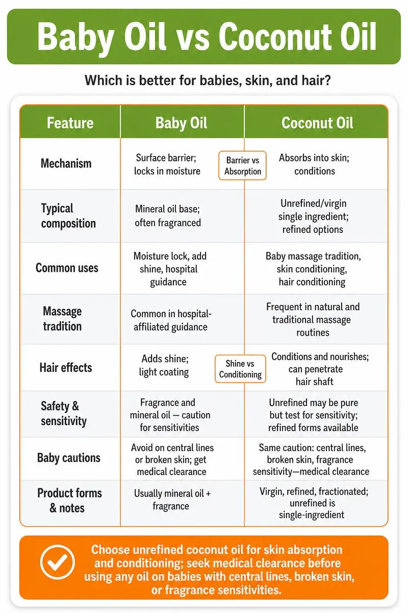 Infographic comparing baby oil vs coconut oil: uses, absorption, hair effects, safety tip; green title, orange highlights.