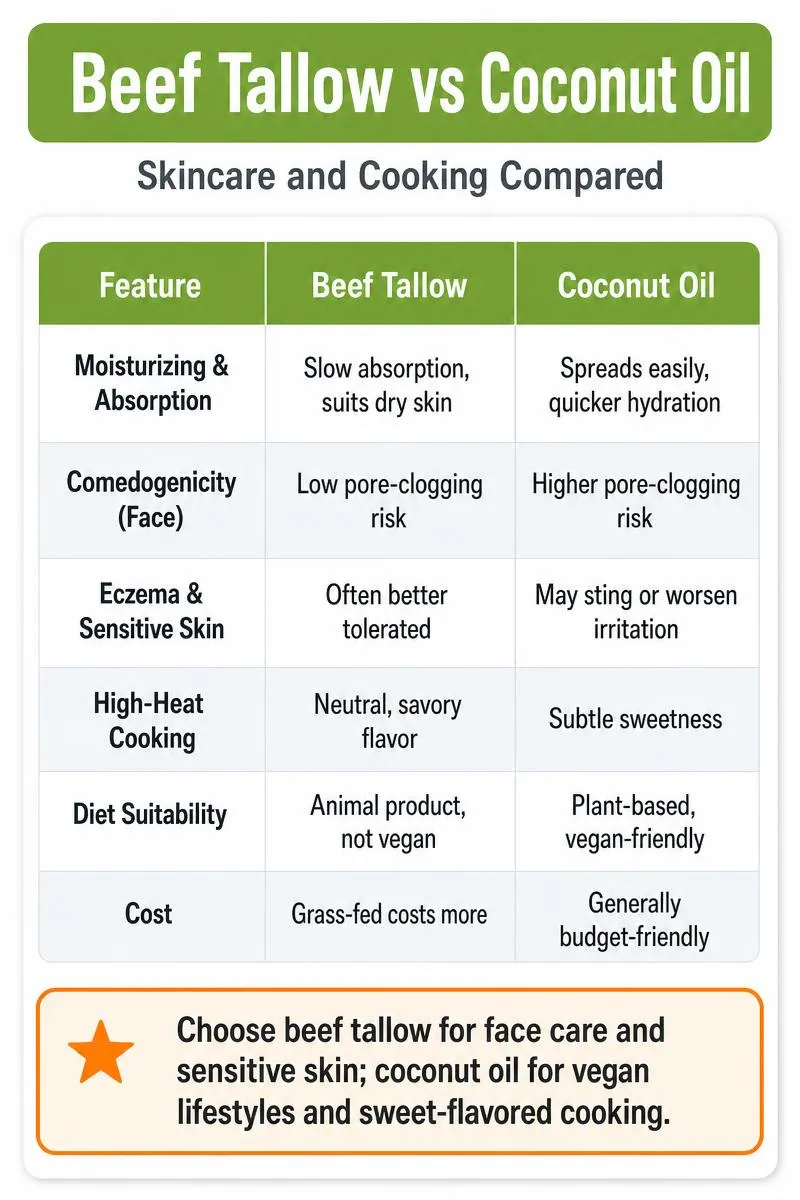 Infographic comparing beef tallow vs coconut oil for skincare and cooking with six key feature rows and a tip box.
