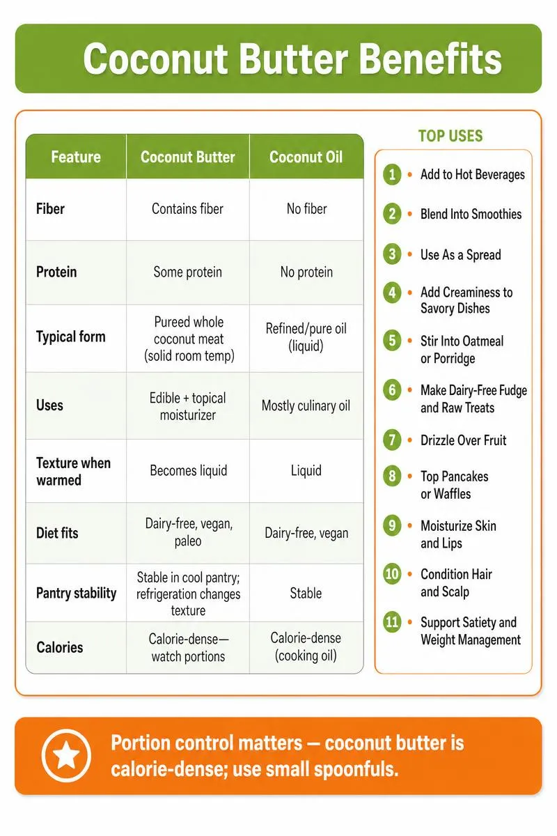 Infographic comparing coconut butter vs oil, 11 uses list, and a tip about portion control.