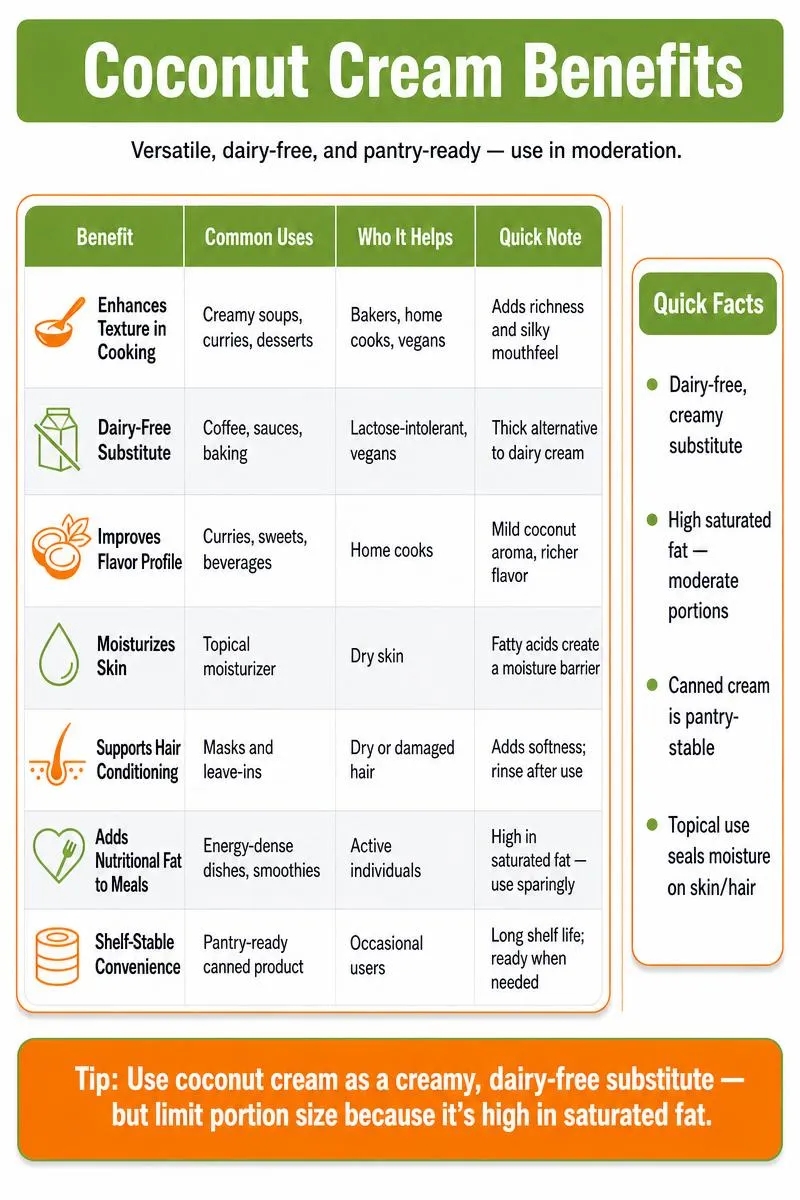Infographic summarizing 7 benefits of coconut cream, uses, cautions, quick facts, and one actionable tip.