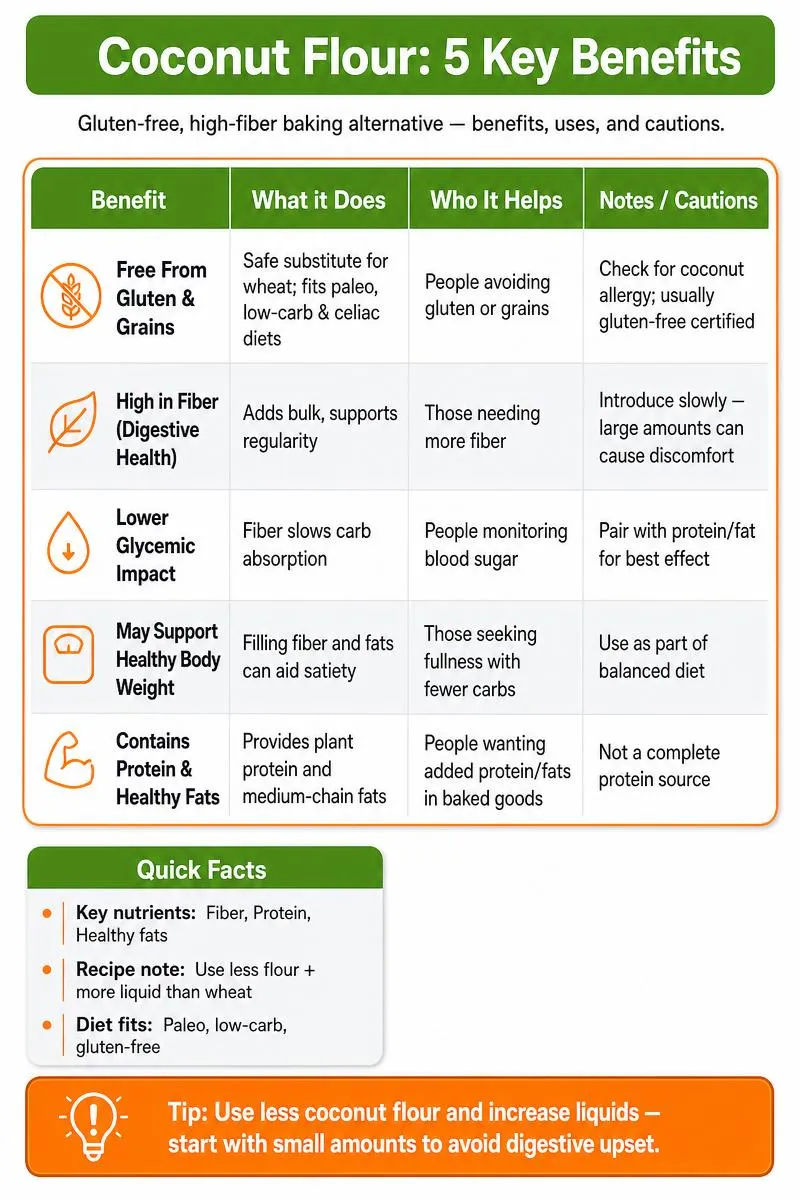 Infographic: 'Coconut Flour: 5 Key Benefits' table of benefits, uses, cautions, and a bottom tip.