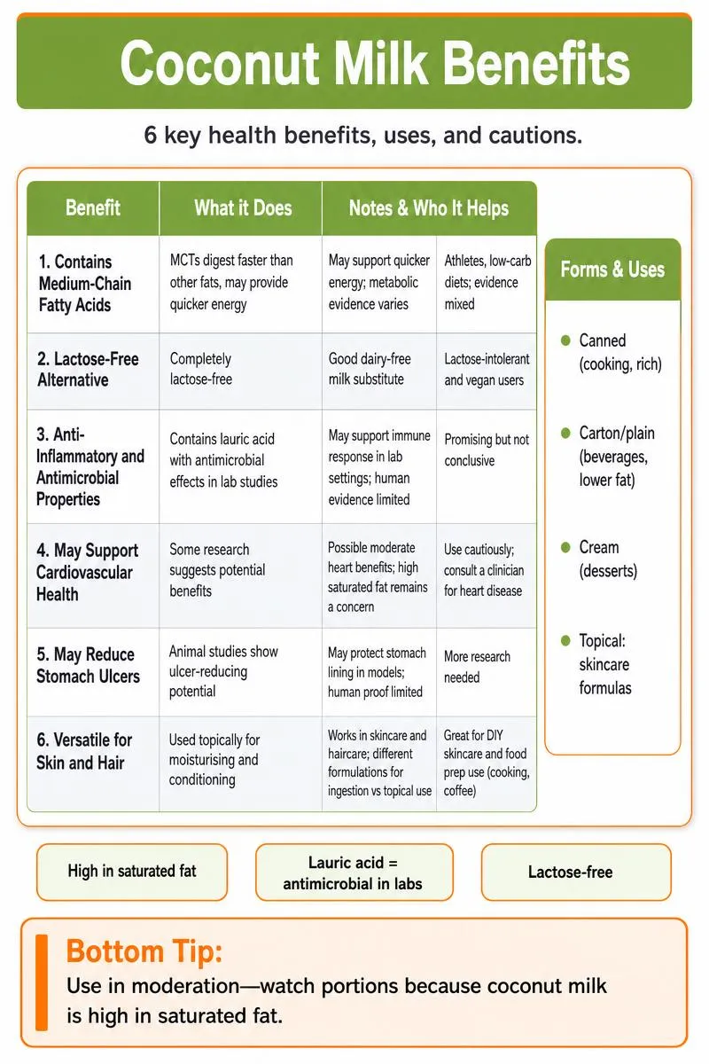Infographic summarizing 6 coconut milk benefits with comparison table and a tip to use in moderation.