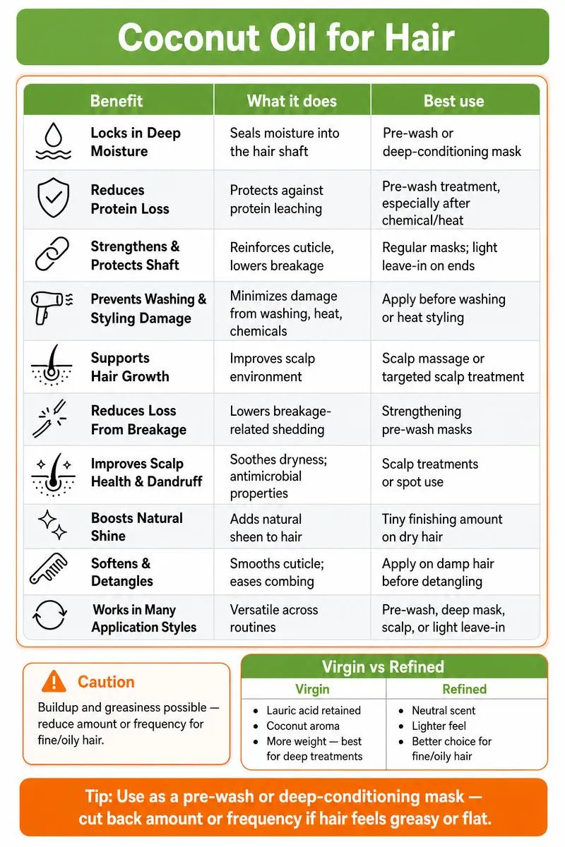 Infographic: Coconut Oil for Hair - 10 benefits table, virgin vs refined comparison, tip to use as pre-wash or mask.