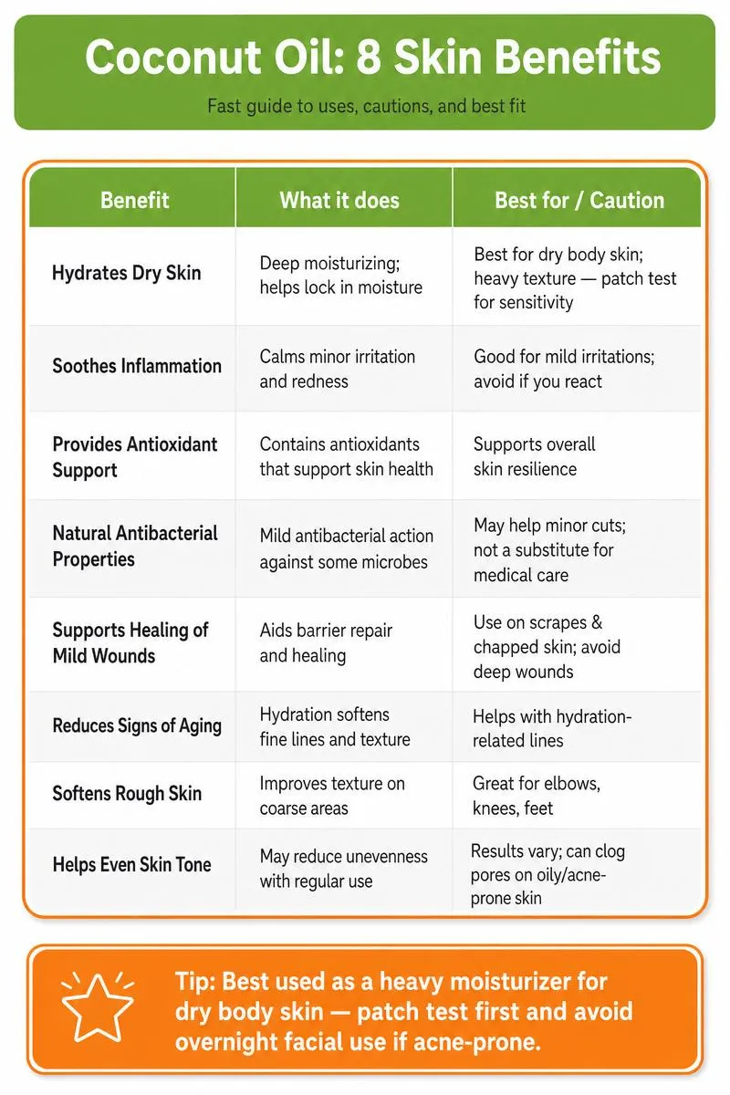 Infographic listing 8 coconut oil skin benefits with a comparison table and a tip to patch-test and avoid overnight facial use if acne-prone.