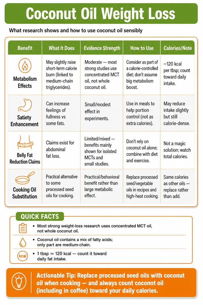 Infographic summarizing coconut oil weight-loss benefits, evidence strength, usage tips and one actionable takeaway.