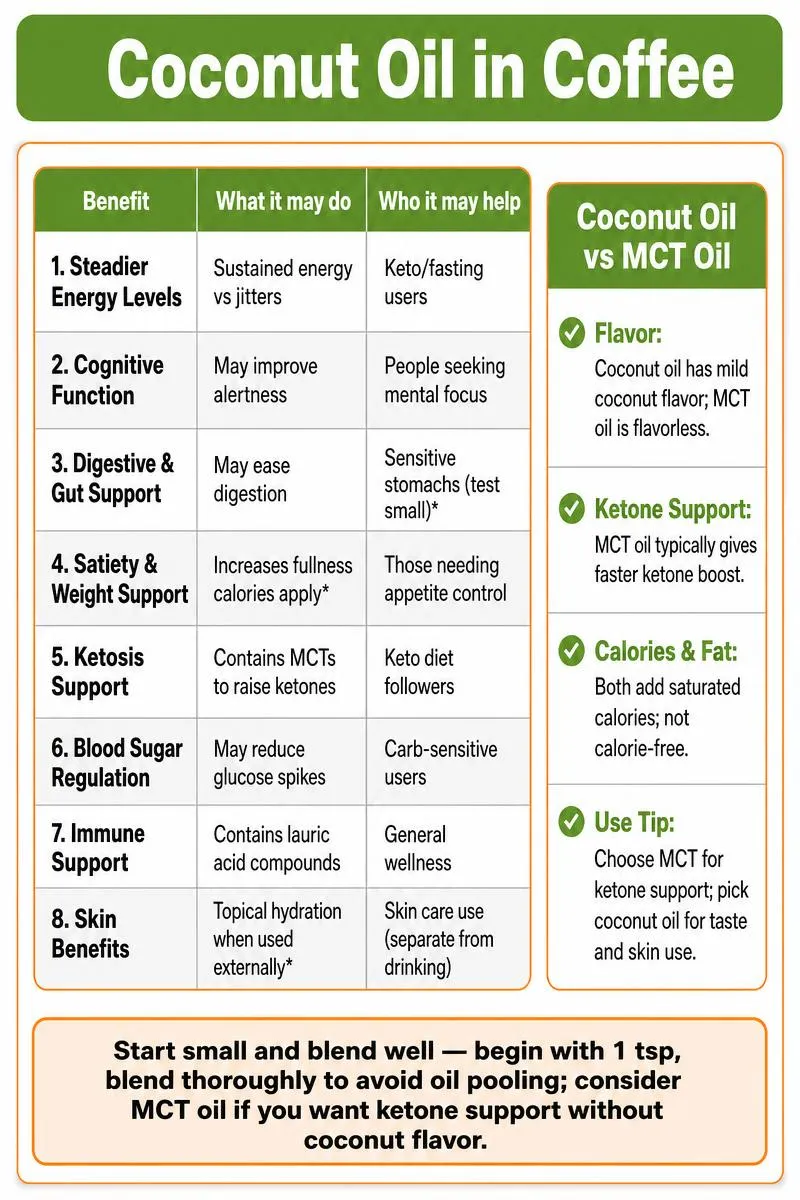 Infographic: Coconut Oil in Coffee - benefits table, coconut vs MCT comparison, and a bottom tip box.