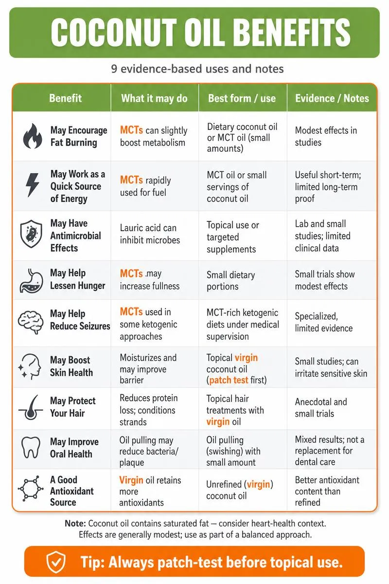 Infographic listing 9 coconut oil benefits in a colored table with a green title bar and orange tip box.