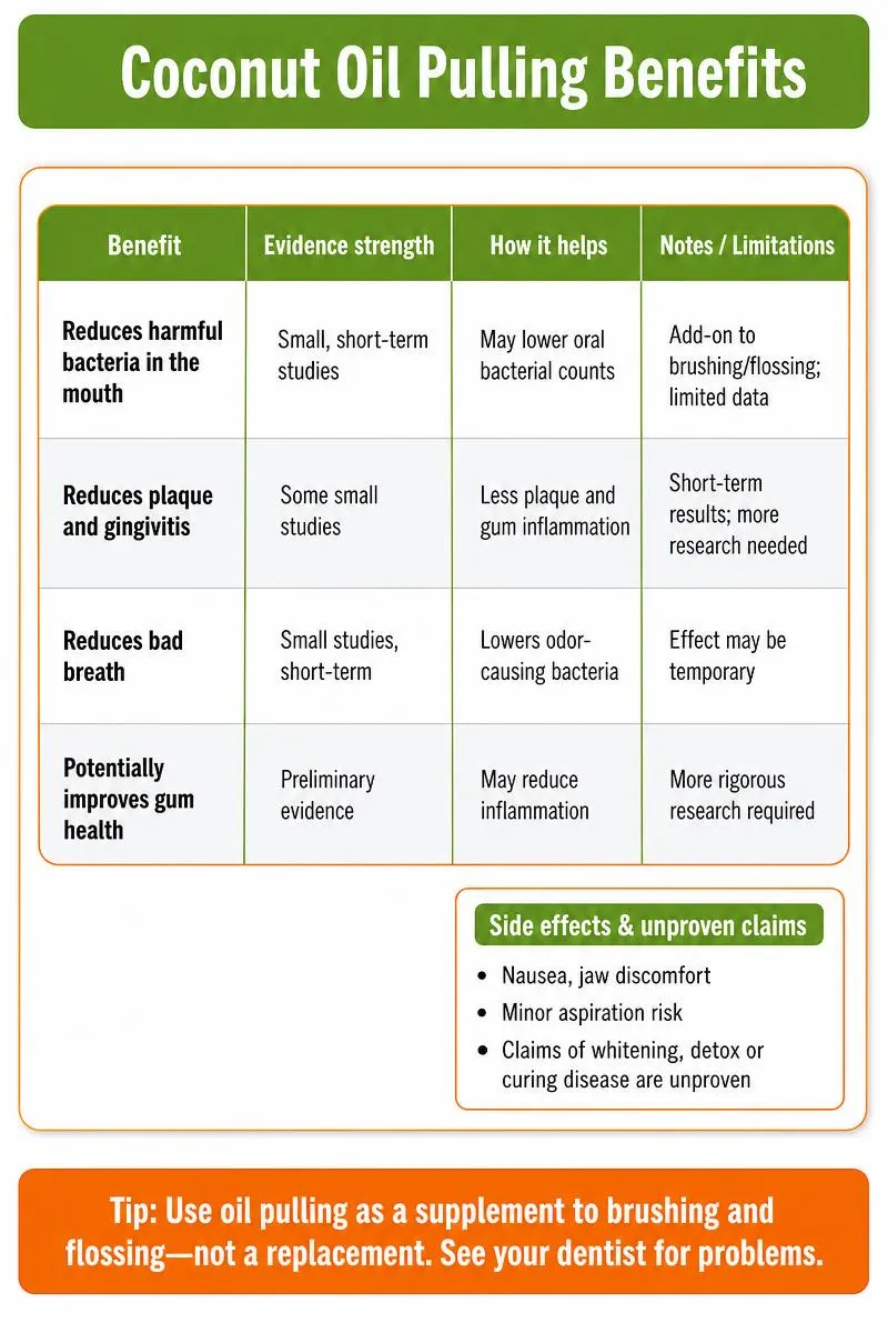 Infographic summarizing 4 coconut oil pulling benefits, evidence, side effects, and a final tip.