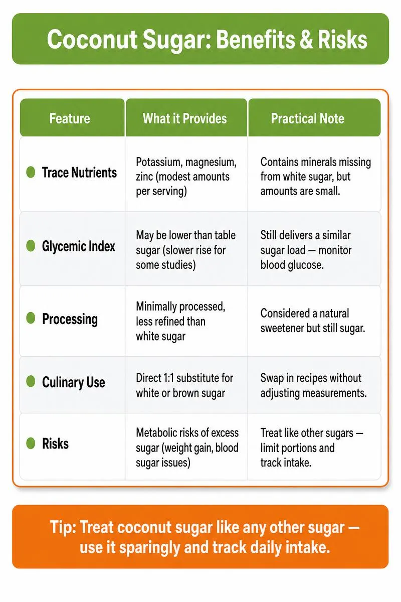 Infographic summarizing coconut sugar benefits, nutrients, uses, risks, and a tip to limit intake.