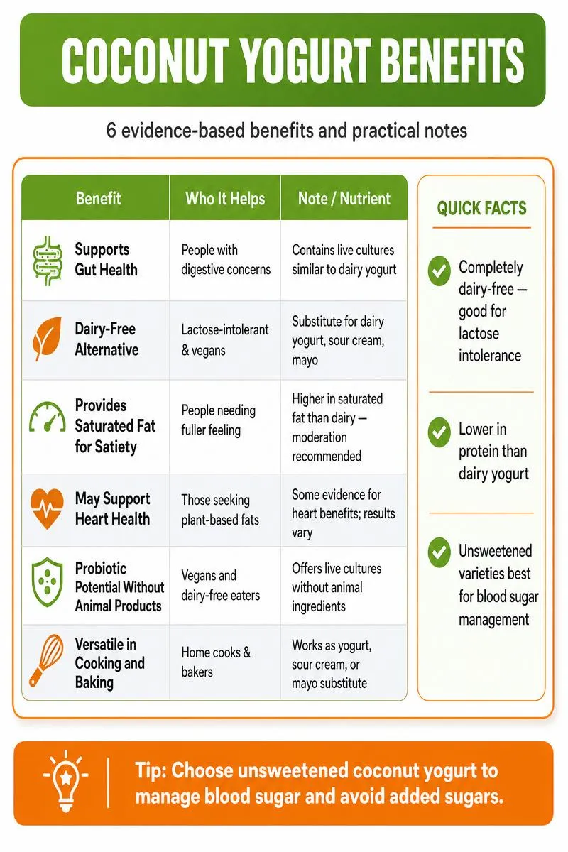 Infographic summarizing 6 coconut yogurt benefits, comparison table and tip to choose unsweetened varieties.