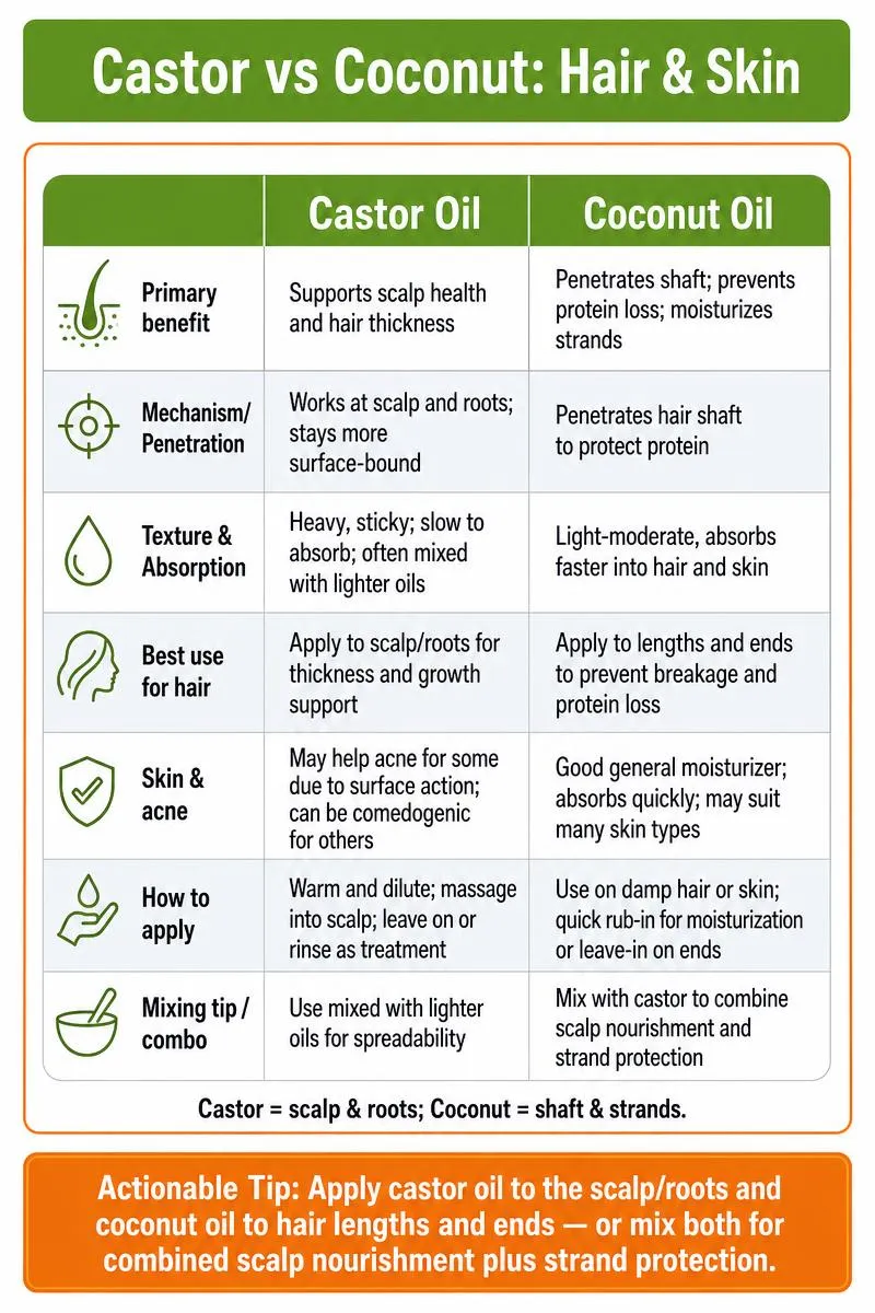 Infographic comparing castor vs coconut oil for hair and skin with a practical application tip.