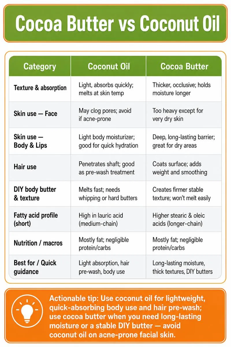 Comparison infographic of cocoa butter vs coconut oil: uses, skin/hair differences, fatty acids, DIY tips, and one actionable tip.