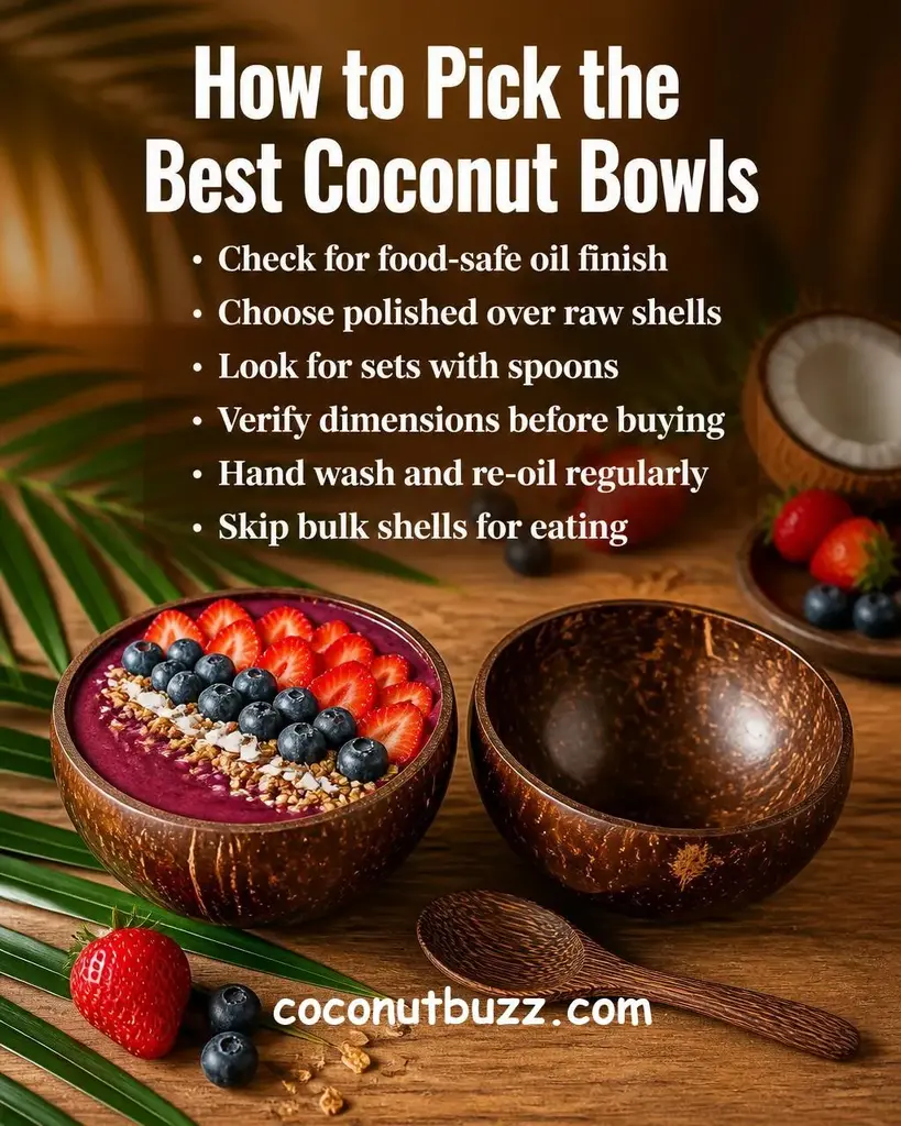 Two polished coconut shell bowls, one filled with a colorful smoothie bowl topped with berries and granola, whole coconut halves, a wooden spoon, and a green palm leaf on a warm light wood surface with soft natural light - best coconut bowls for smoothie bowls and serving
