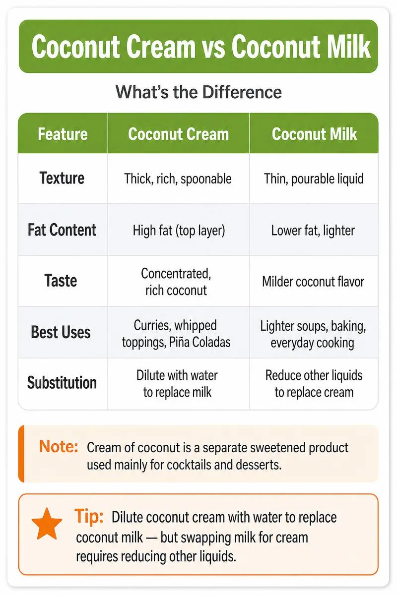 Infographic comparing coconut cream vs coconut milk: texture, fat, taste, best uses, and substitution tips