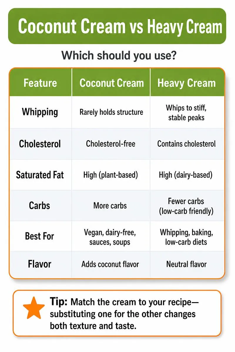 Comparison infographic of coconut cream vs heavy cream with key differences in whipping, nutrition, and best uses