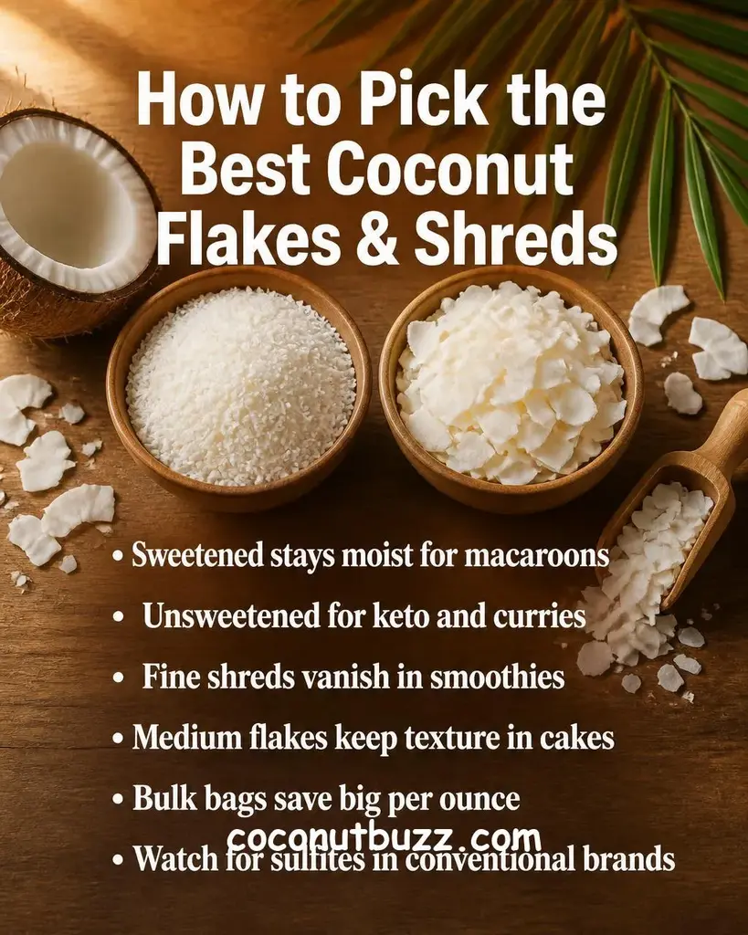 Two bowls of coconut flakes and shreds with halved coconut, palm leaf, and wooden scoop on warm light wood surface in natural daylight - best coconut flakes & shreds
