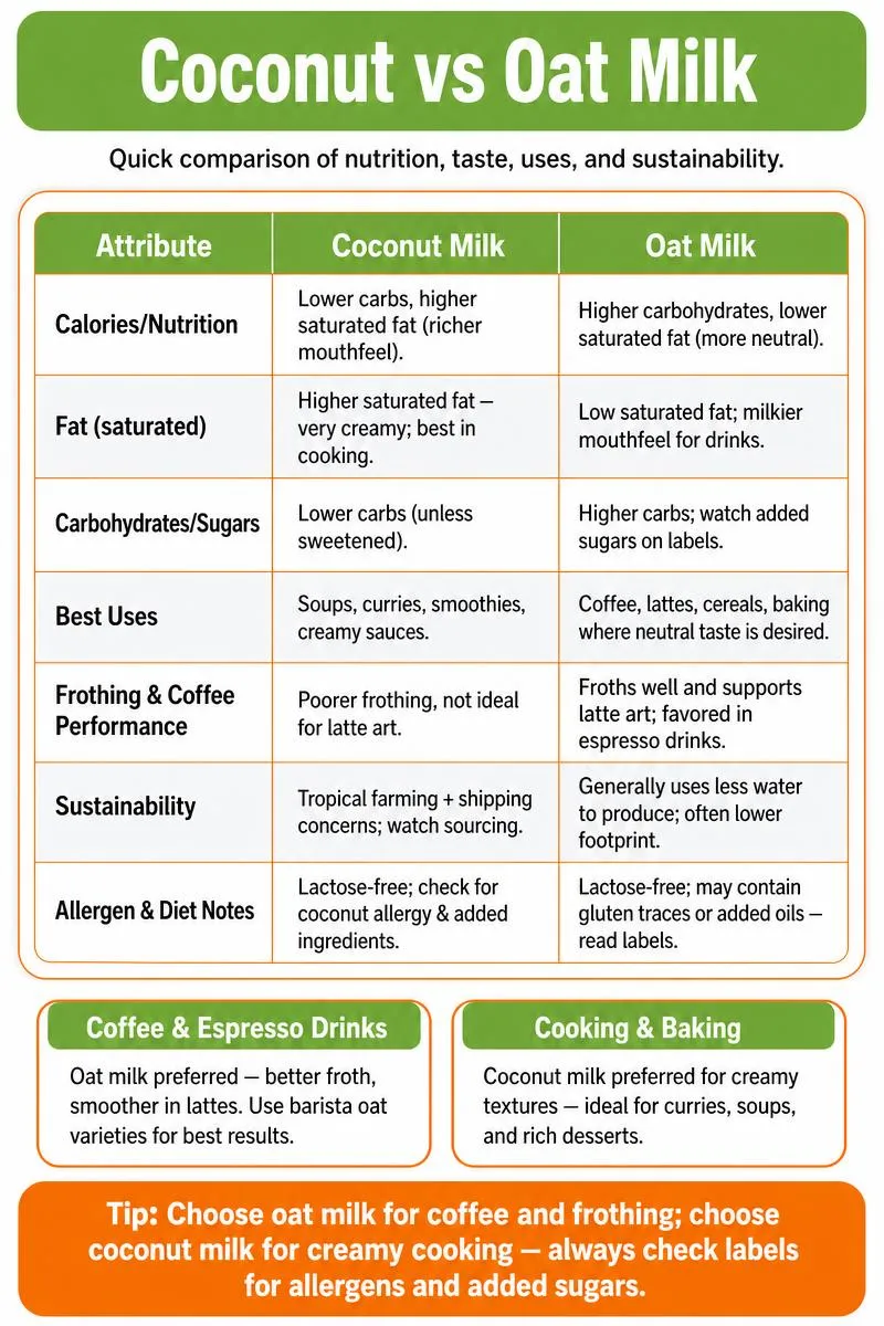 Infographic comparing coconut vs oat milk: nutrition, uses, frothing, sustainability, and a clear tip.