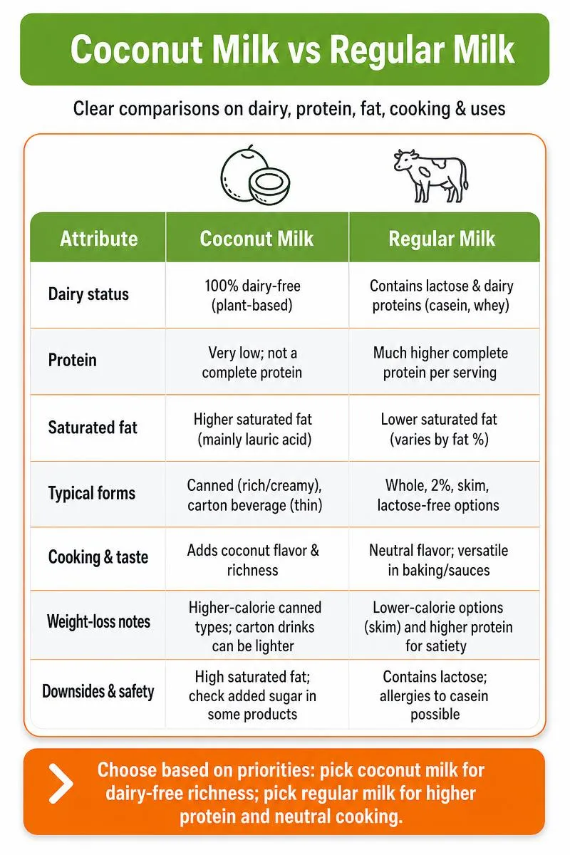 Infographic comparing coconut milk vs regular milk: dairy, protein, saturated fat, cooking uses, and one clear takeaway.