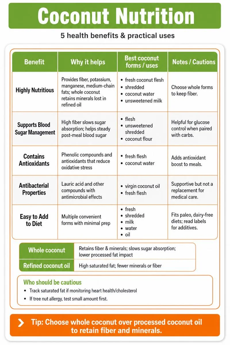 Infographic titled 'Coconut Nutrition' summarizing five benefits, forms, cautions, and tip to choose whole coconut.