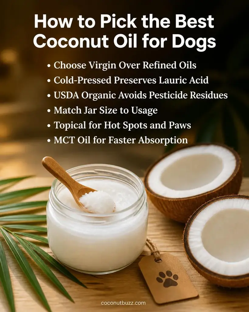 Glass jar of coconut oil with wooden spoon, halved coconut, green palm leaf, and a small dog paw resting on light wood surface in warm natural light - best coconut oil for dogs