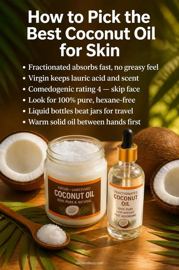 Coconut oil jar with wooden spoon, halved coconut, green palm leaf, and glass dropper bottle on warm light wood surface with orange and green tones - best coconut oil for skin
