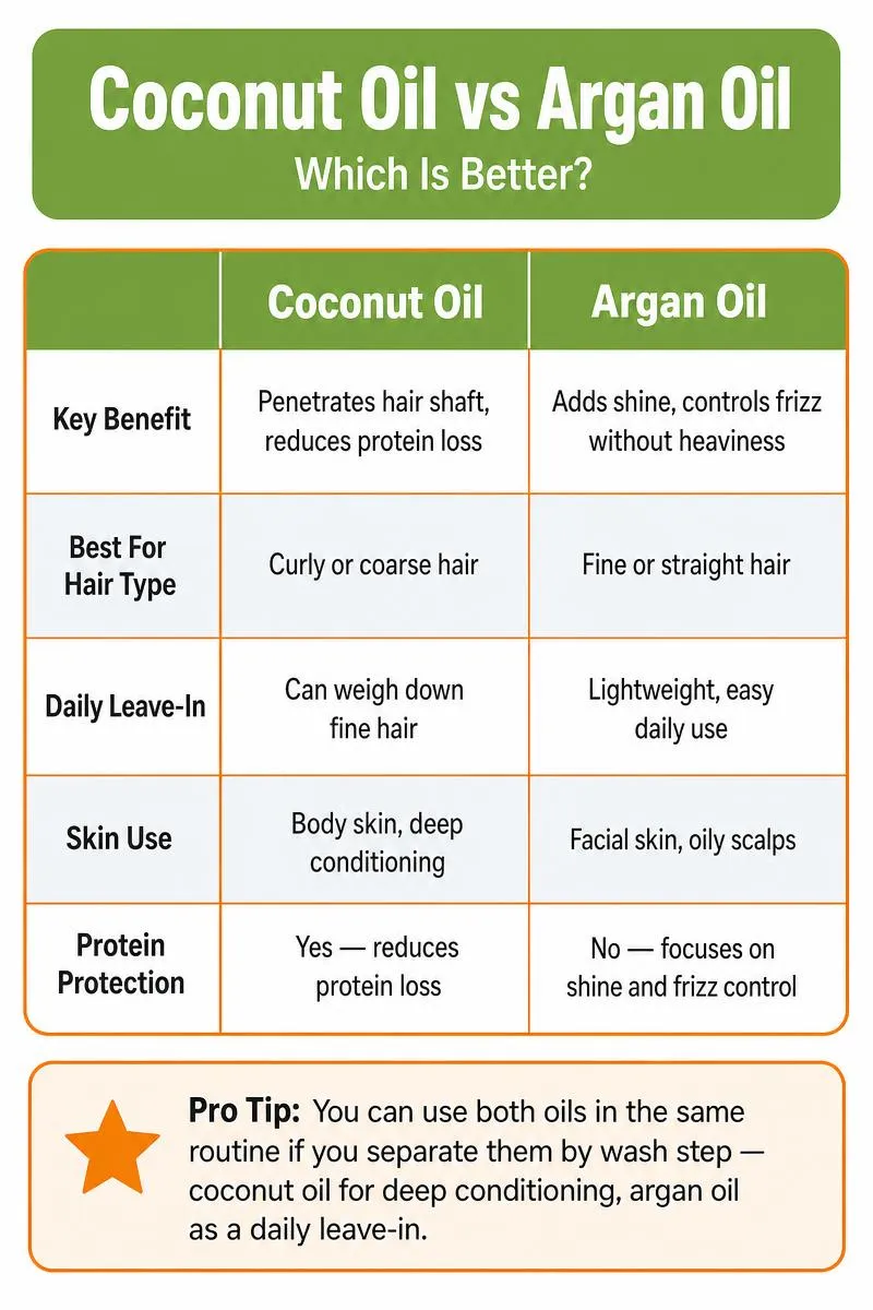 Infographic comparing coconut oil vs argan oil for hair and skin with key benefits, hair type matches, and a usage tip.
