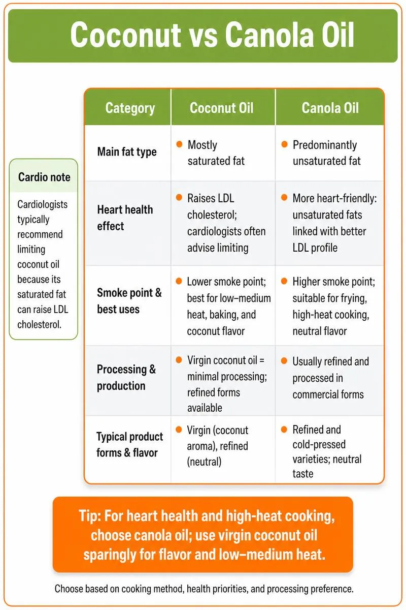 Infographic comparing coconut oil and canola oil: fats, heart effects, smoke point, processing, and final tip.