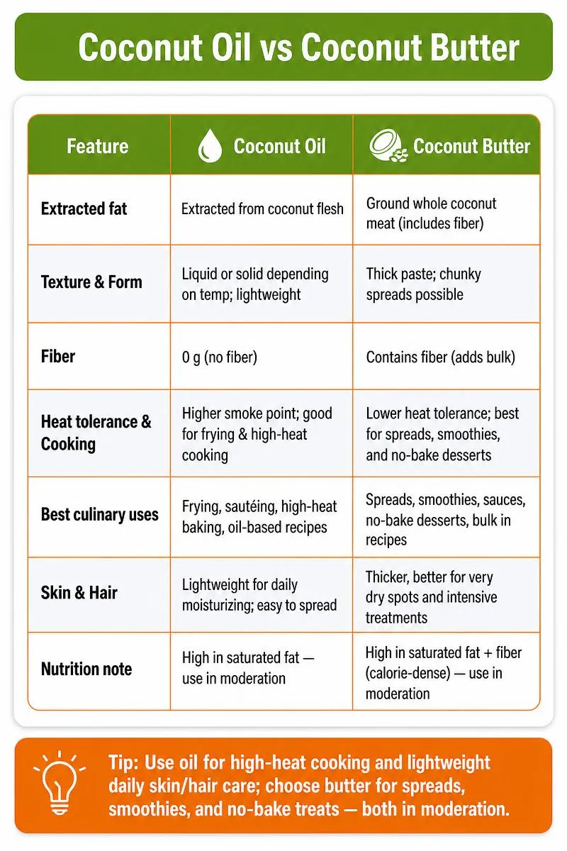Infographic comparing coconut oil vs coconut butter: source, texture, uses, nutrition, and one practical tip.