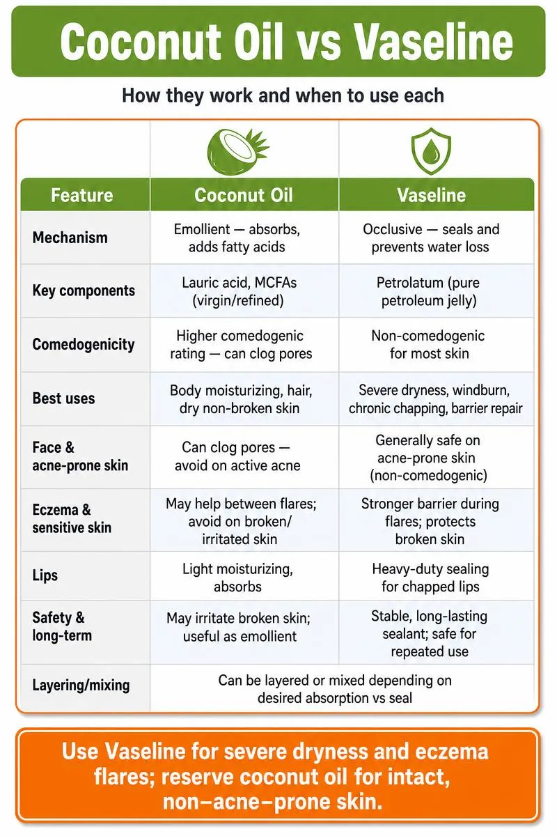Clear infographic comparing coconut oil and Vaseline: mechanisms, uses, comedogenicity, eczema advice, and choice tip.