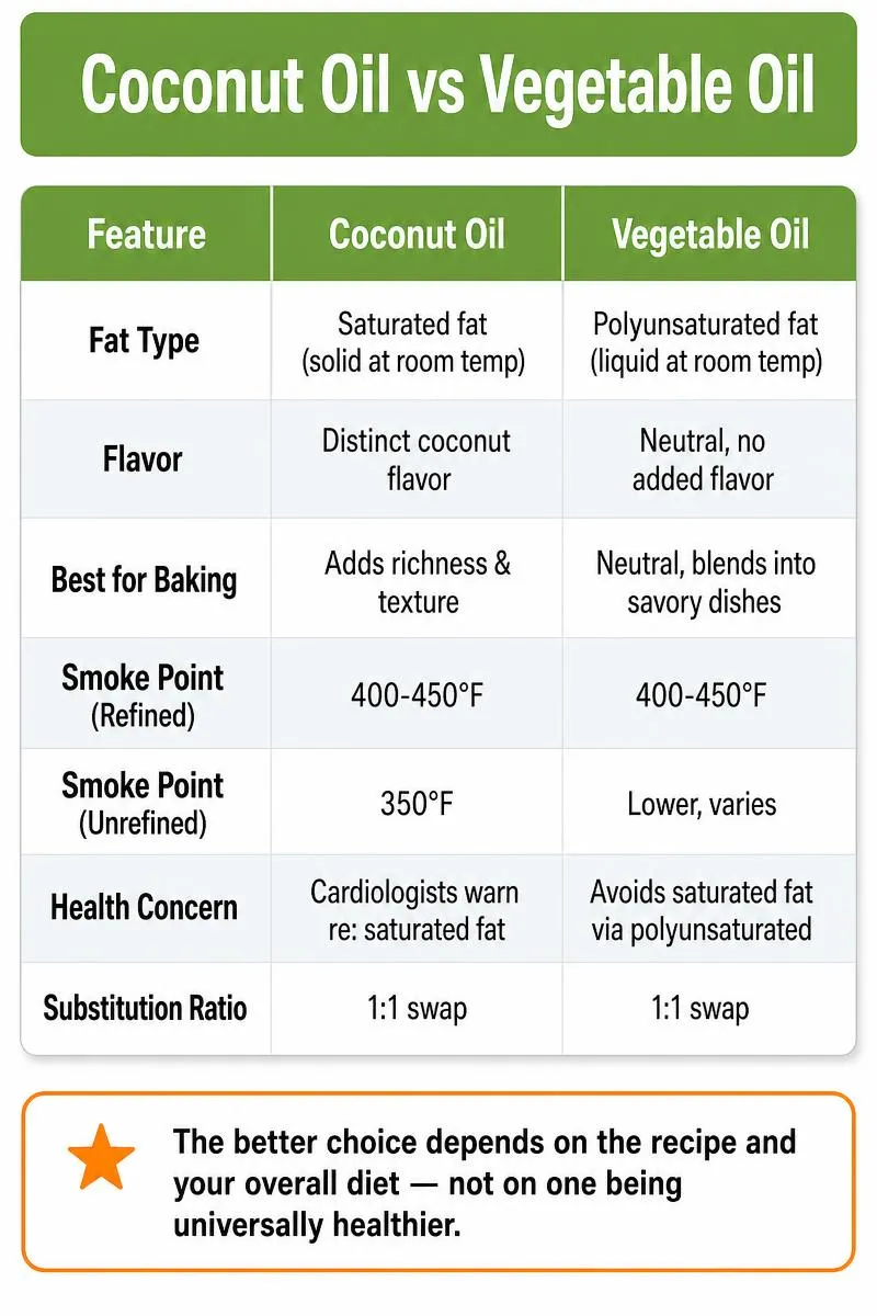 Infographic comparing coconut oil vs vegetable oil: fat type, flavor, baking, smoke point, health, and substitution ratio.