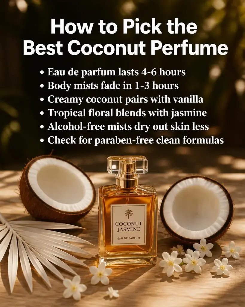 Amber glass perfume bottle surrounded by halved coconut, white palm leaf, and scattered jasmine flowers on warm light wood surface with soft natural light - best coconut perfume