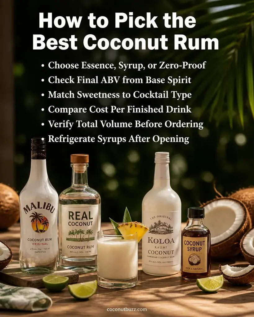 Coconut rum bottles with halved coconut, palm leaf, lime wedges, and cocktail glass on warm light wood surface in bright natural light - best coconut rum