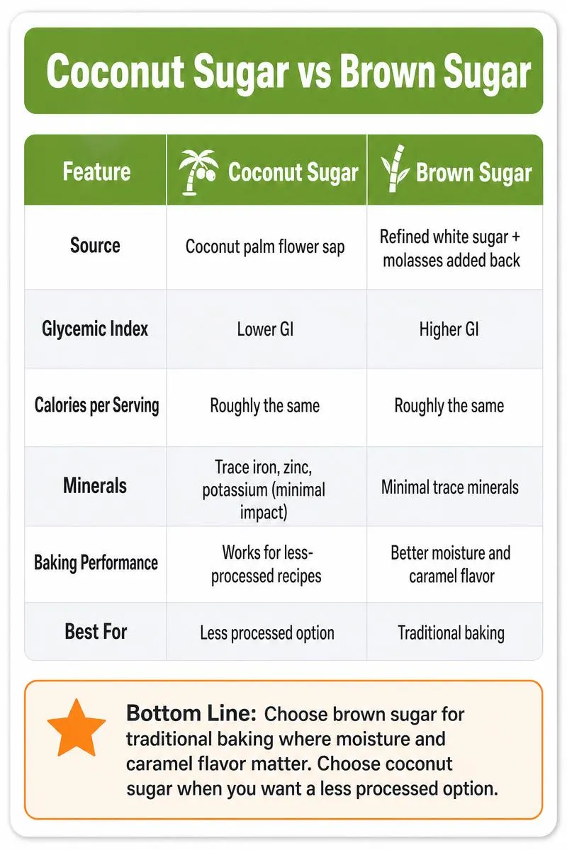 Infographic comparing coconut sugar vs brown sugar: source, glycemic index, calories, minerals, baking performance, and best use.