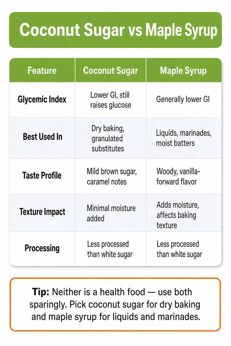 Infographic comparing coconut sugar vs maple syrup on glycemic index, taste, baking uses, and texture impact with a usage tip.