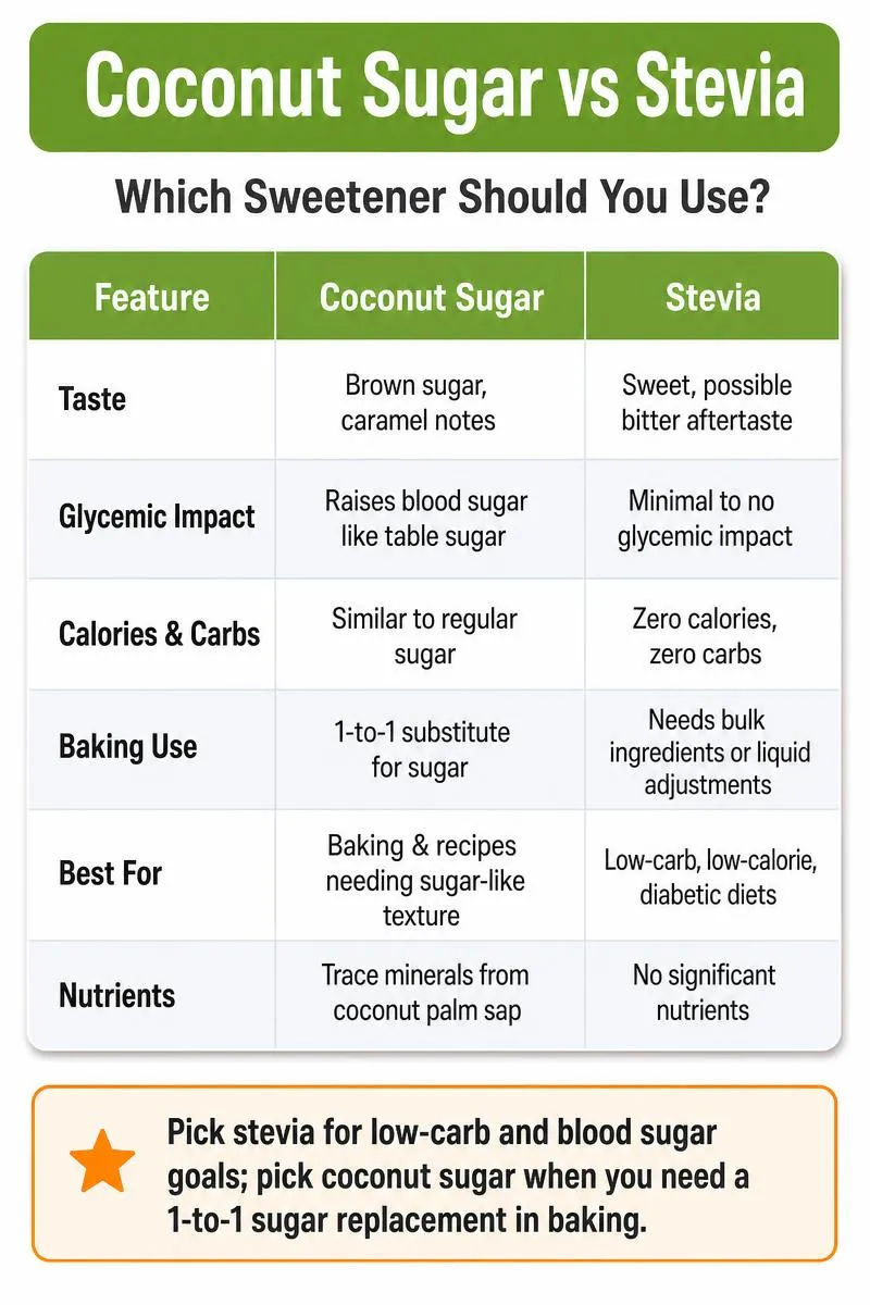 Infographic comparing coconut sugar vs stevia on taste, glycemic impact, nutrition, and best uses.
