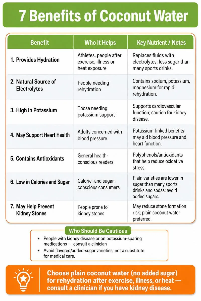 Infographic summarizing 7 research-backed benefits of coconut water with comparison table and a tip to choose plain varieties.