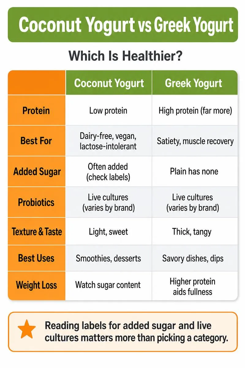 Infographic comparing coconut yogurt vs Greek yogurt on protein, gut health, weight loss, cooking uses, and dietary fit.