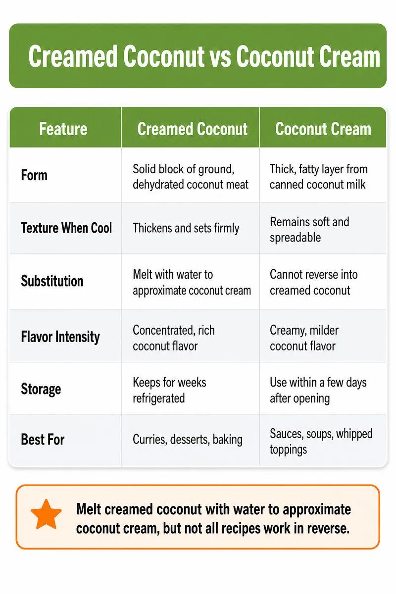 Infographic comparing creamed coconut vs coconut cream: form, texture, substitution, flavor, storage, and best uses.