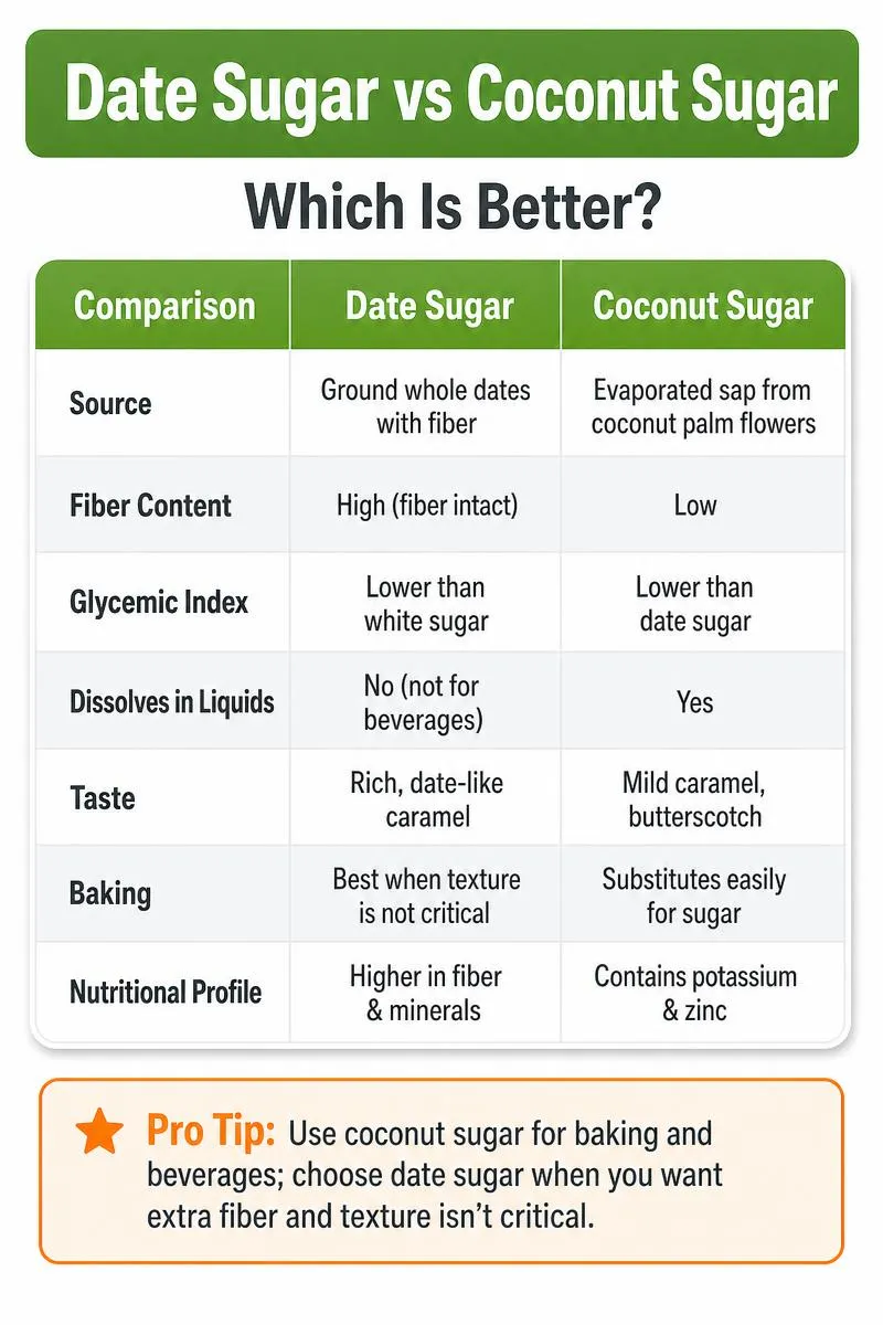 Infographic comparing date sugar vs coconut sugar: fiber, glycemic index, taste, baking, and a tip for choosing the right one.