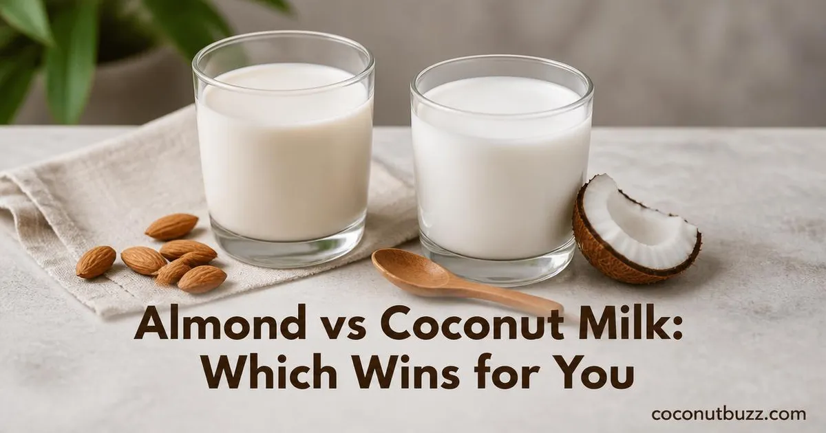Two glasses of almond milk and coconut milk side by side with coconut shell piece and almonds on a neutral background