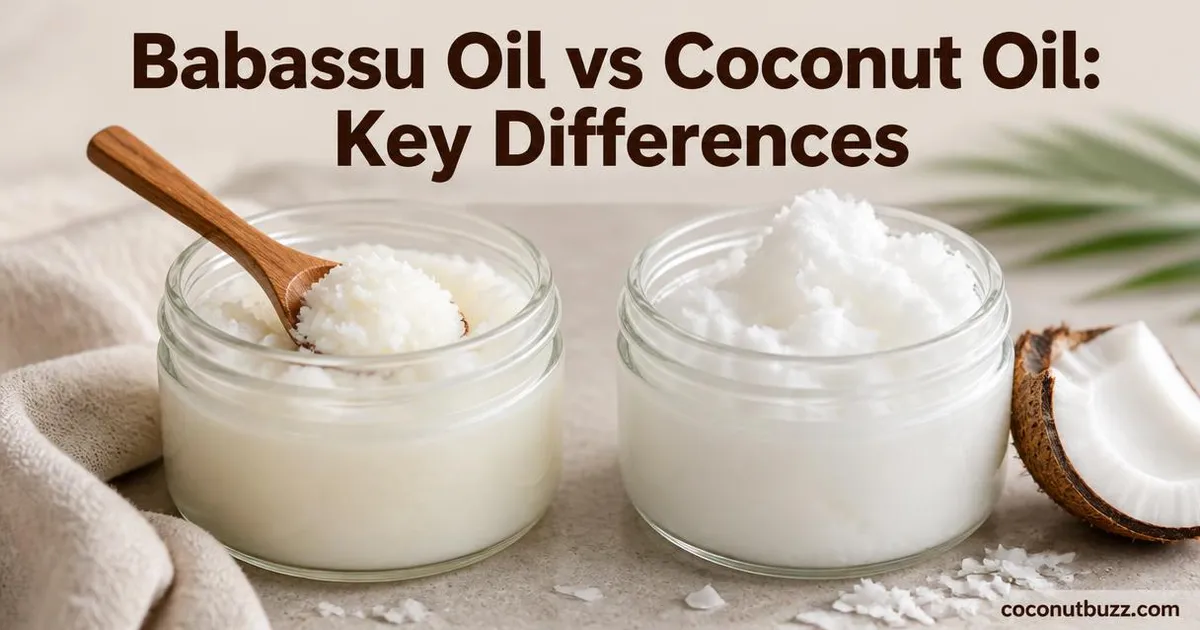 Side-by-side jars of babassu oil and coconut oil with coconut shell and flesh on a neutral background with linen napkin and coconut flakes
