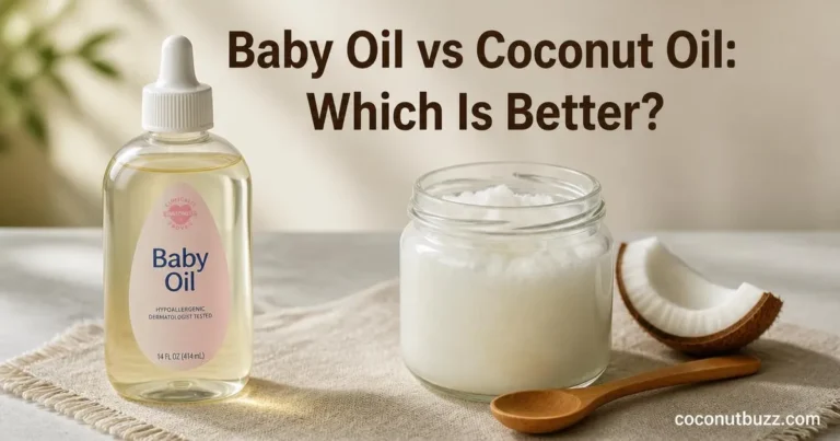 Side by side comparison of baby oil bottle and jar of solid coconut oil with coconut shell piece on linen background
