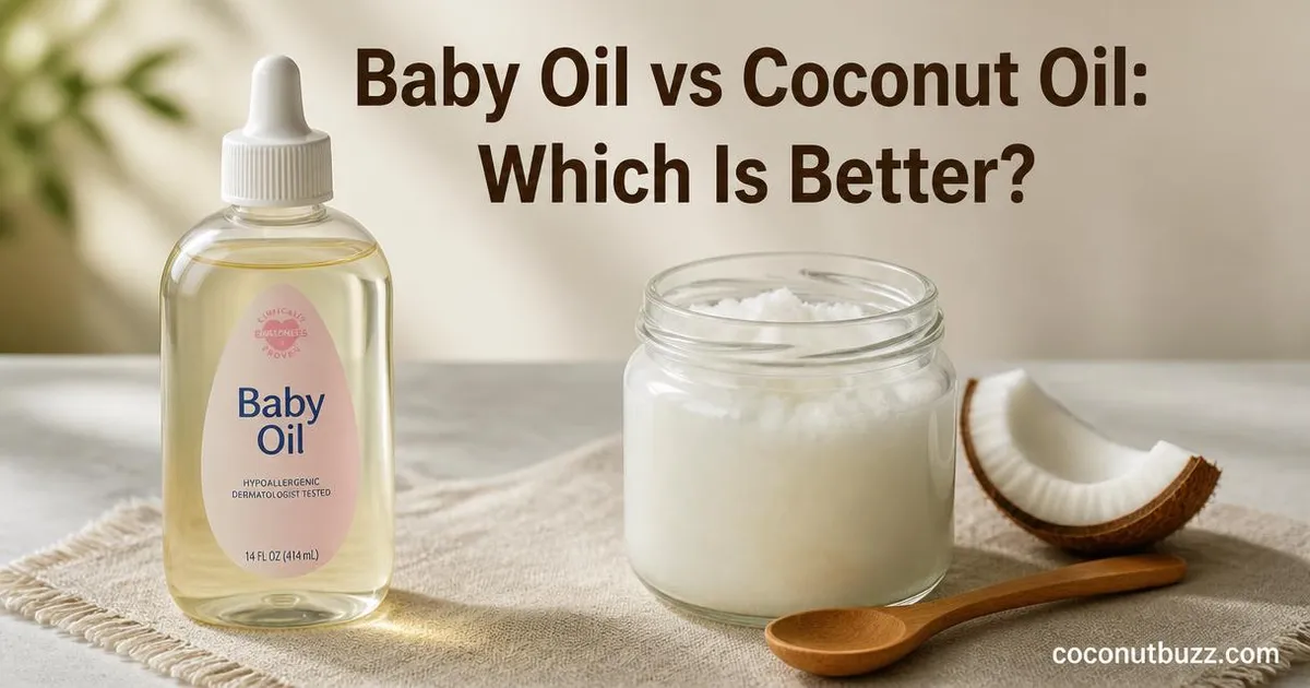 Side by side comparison of baby oil bottle and jar of solid coconut oil with coconut shell piece on linen background