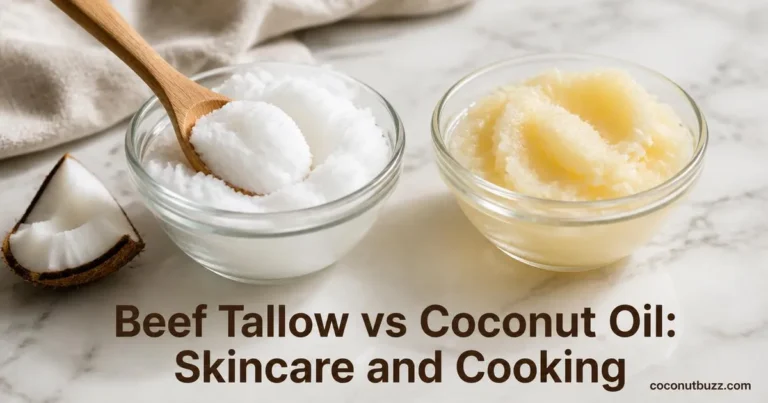 Two small bowls on marble surface with solid coconut oil and beef tallow side by side with coconut shell piece visible
