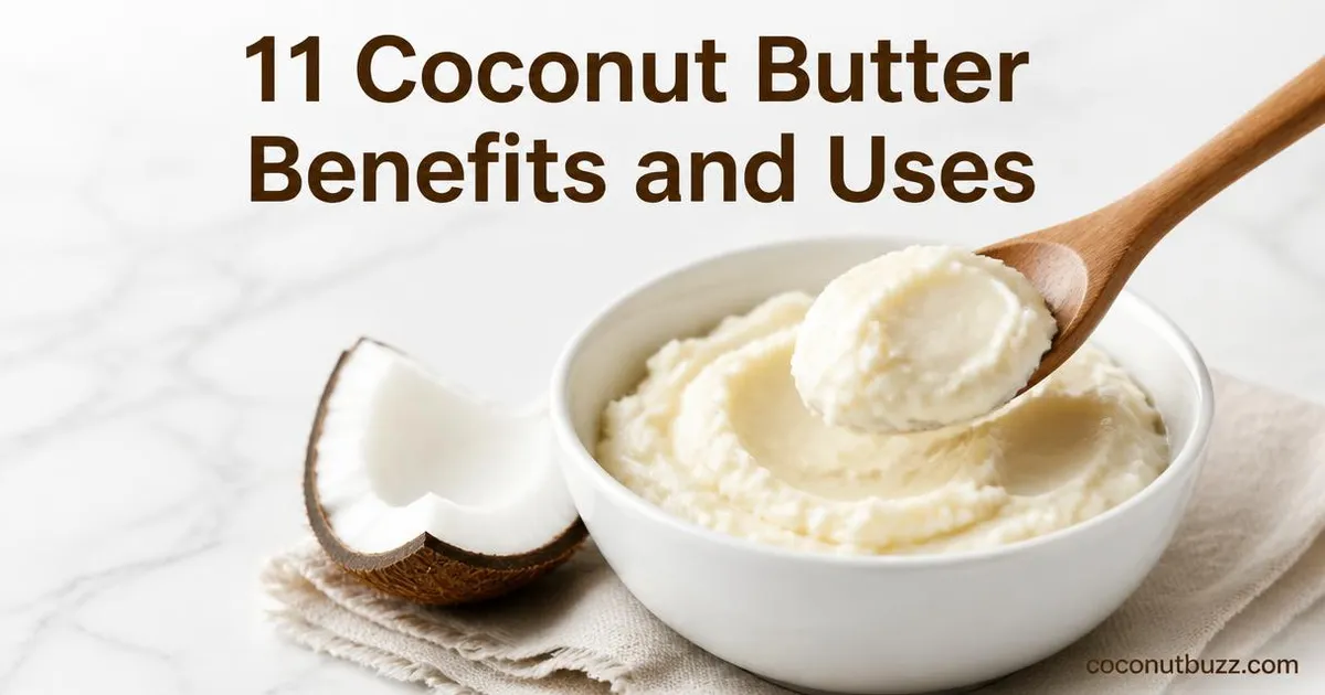 Bowl of creamy coconut butter with a piece of coconut shell and flesh alongside on a light marble surface with wooden spoon mid-scoop
