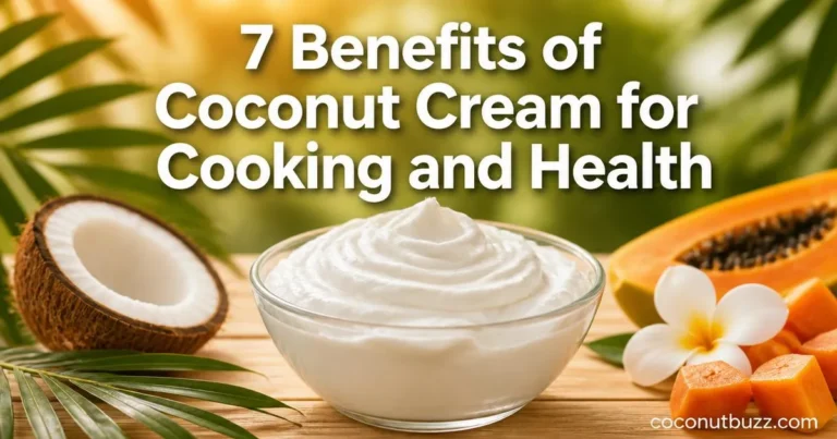 Glass bowl of thick white coconut cream on wooden surface with palm leaves and tropical fruit accents
