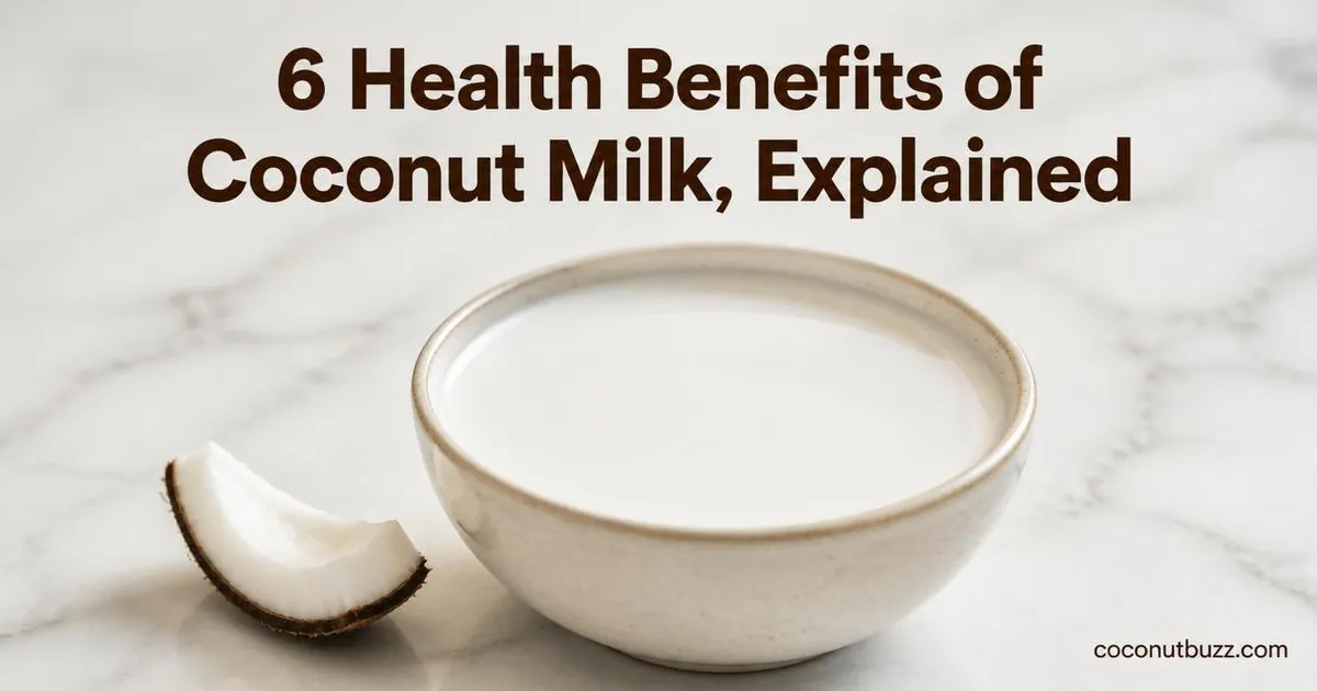 Bowl of creamy coconut milk with coconut shell piece on a light marble background and bold title text overlay
